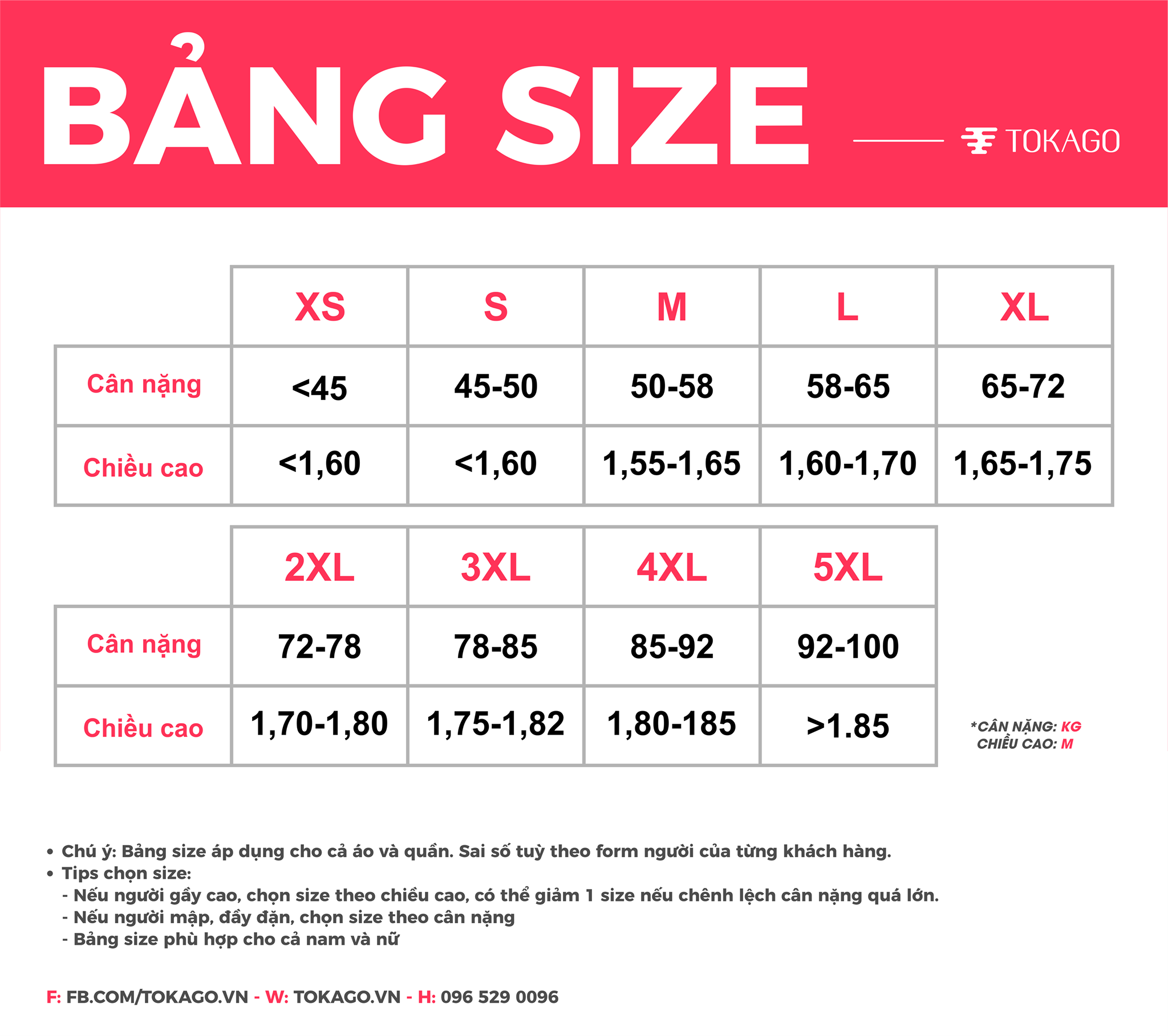 Bảng size Tokago